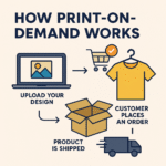 Infographic showing how print-on-demand works, including steps like uploading a design, receiving a customer order, printing the product, and shipping it directly to the customer.