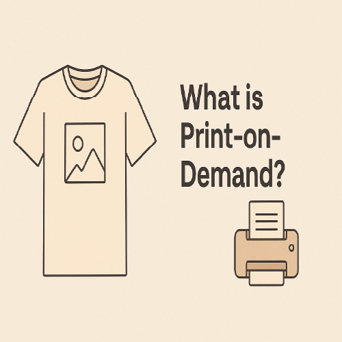 Minimalist infographic showing a printed T-shirt and printer icon with the title “What is Print-on-Demand?” on a beige background.