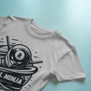 Pool Ninja T-shirt design featuring a cool billiards theme, perfect for pool players and game lovers.